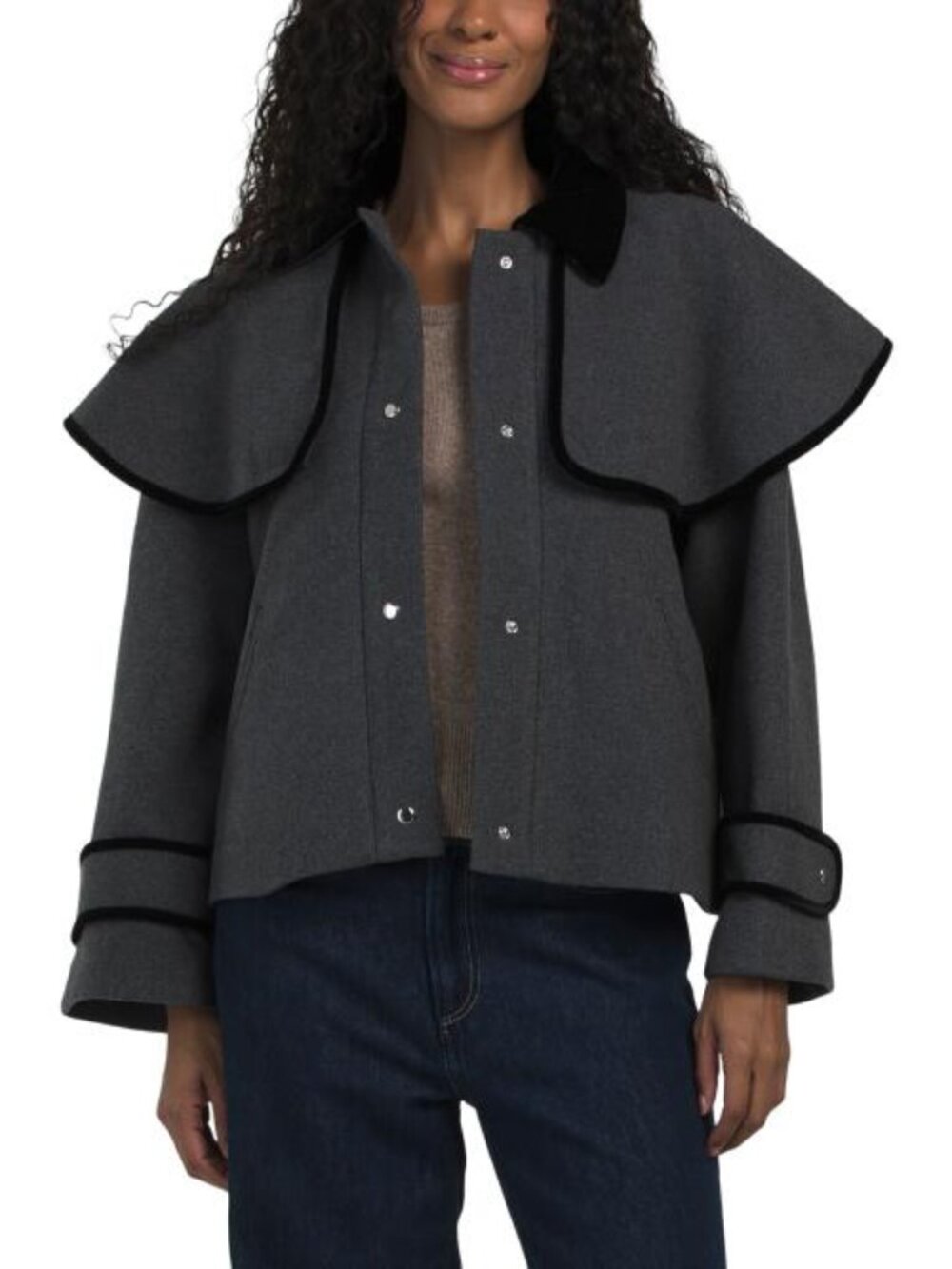 ELIE TAHARI Wool Blend Long Sleeve Collar Cape Overlay Button Down Coat